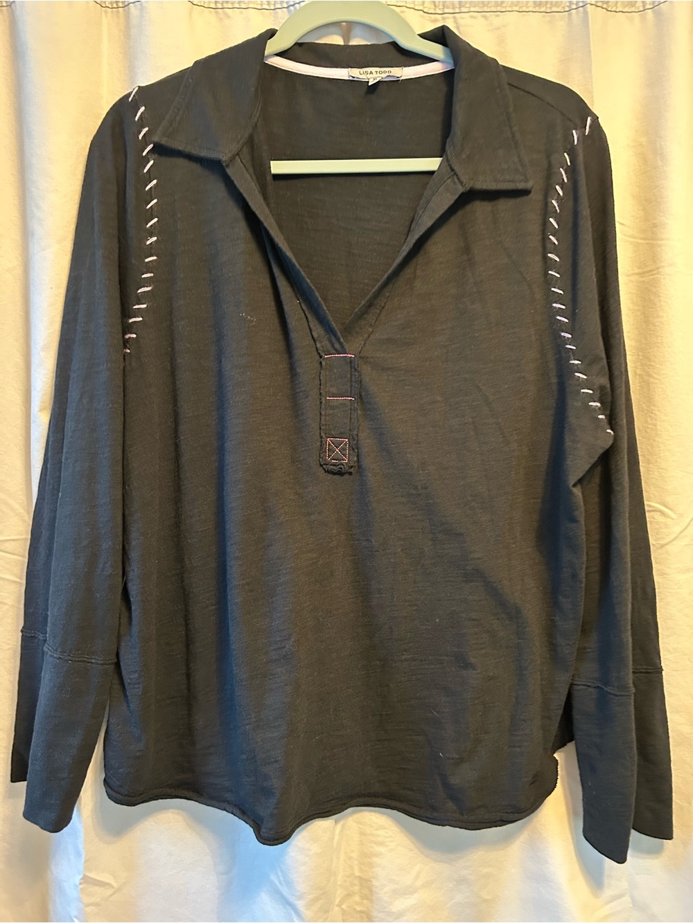 Lisa Todd Black Long Sleeve V-Neck Top with Contrast Stitching